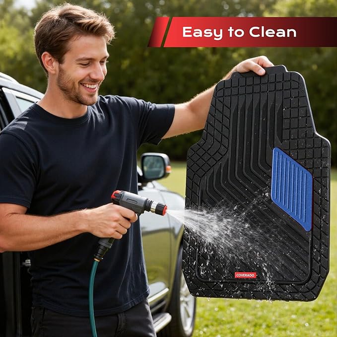 Coverado Car Floor Mats Full Set – Heavy-Duty PVC Floor Mats with Metallic Heel Pad, All-Weather Protection for Front & Rear, Non-Slip Backing, Easy-Clean Interior Liners，Blue