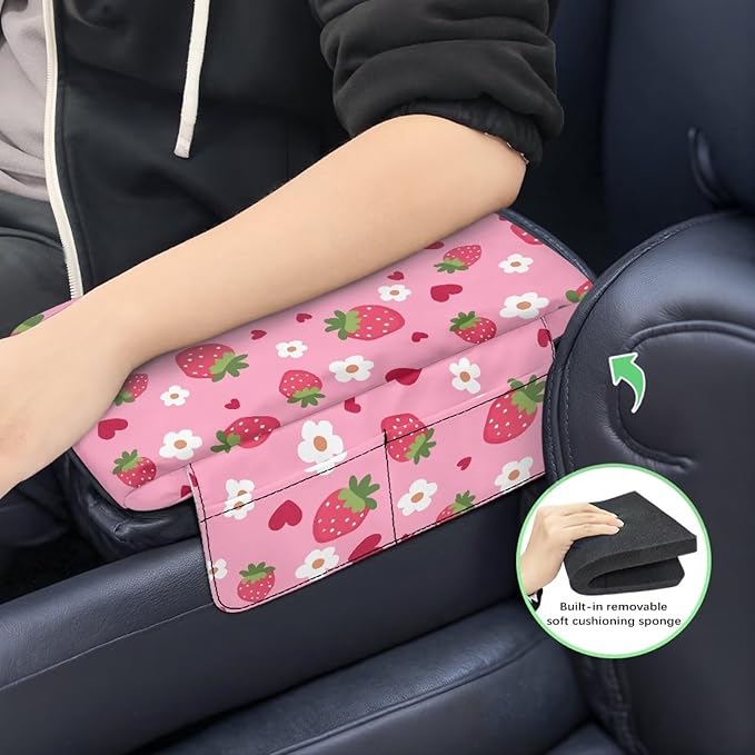 Dreaweet Car Center Console Cover Cute Strawberry Arm Rest Cover for Car Women Soft Thick Center Console Armrest Pad with Pockets Soft Comfortable Car Armrest Storage Box Mat