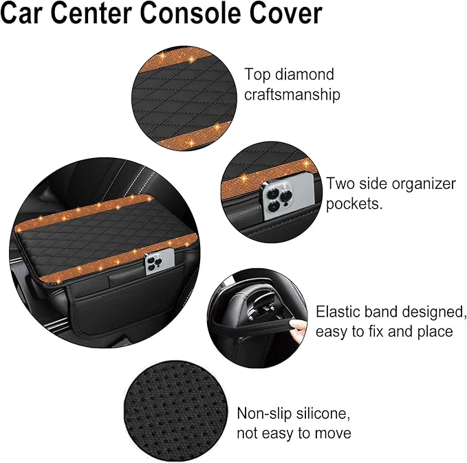 Bling Car Center Console Cover, Leather Car Arm Rest Cover Cushion with 2 Storage Bags, Universal Auto Armrest Protector Storage Box, Bling Accessories Interior for Most Vehicles (Orange Diamond)