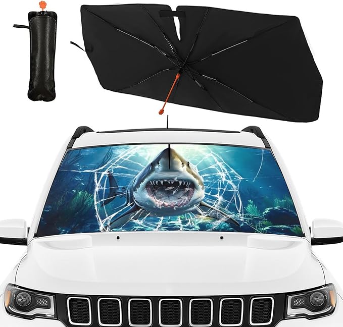 DOPINDU Shark Car Windshield Sun Shade Umbrella Bendable Handle Foldable Funny Sunshade for Car Windshield Block UV Rays Keep Vehicle Cool for Most Sedans SUV Trucks Cars 57"x30"