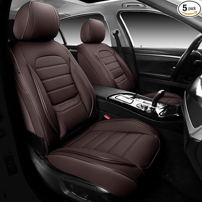 COVER EMPIRE Brown Car Seat Covers Full Set, Universal Faux Leather Seat Covers for Cars 5 Seats, Waterproof Leather Car Seat Covers, Comfortable Automotive Seat Covers for Most Sedans Trucks SUVs