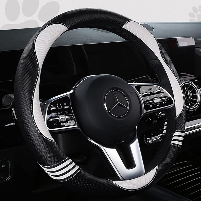 Car Steering Wheel Covers for Women Girl Padded Carbon Fiber PU Leather Cute Cartoon Auto Interior Accessories for Jeep, Truck, Universal, Anti Slip, White, Large Size, 15.2-16in