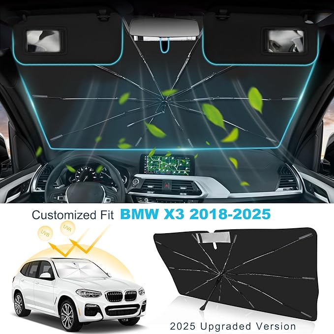 2025 Upgrade Windshield Sun Shade Umbrella Custom Fit for BMW X3 2018-2025 Foldable UV Protection Car Cover, Emergency Rain Shield & Dashboard Protector - Durable Auto Accessory