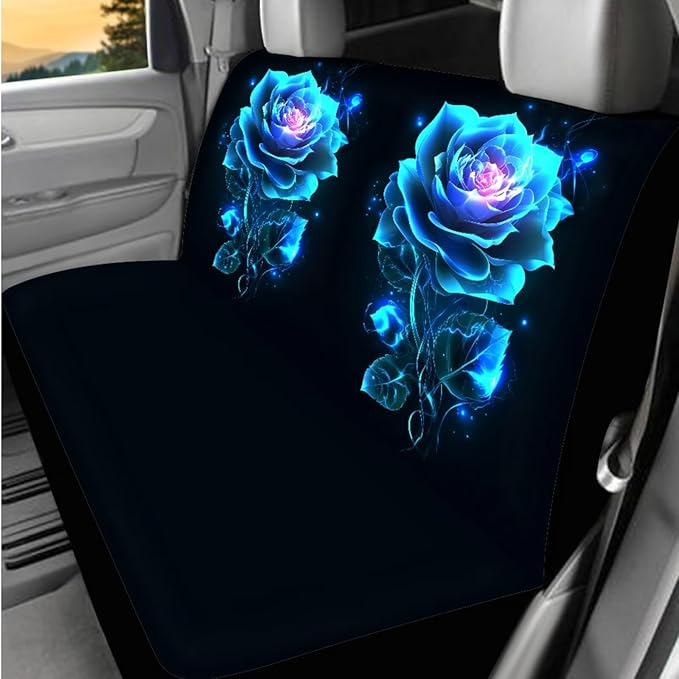 Dngkaoje 13 Pack Neon Flowers Car Seat Covers Full Set,Universal Front and Rear Split Bench Seat Covers for Cars Blue Rose Print Hanging Trash Bag,Seatbelt Shoulder Pads,Armrest Cushion Pad