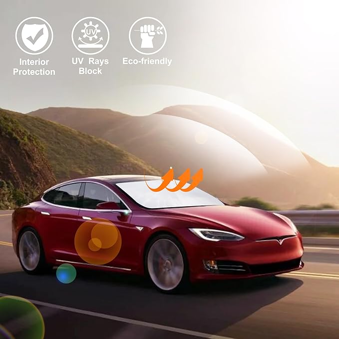 Windshield Sun Shade Custom Fit 2012-2024 2025 Tesla Model S Accessories (Fit Long Range/LR Model) Foldable Sunshade Sun Blocker Visor Protector