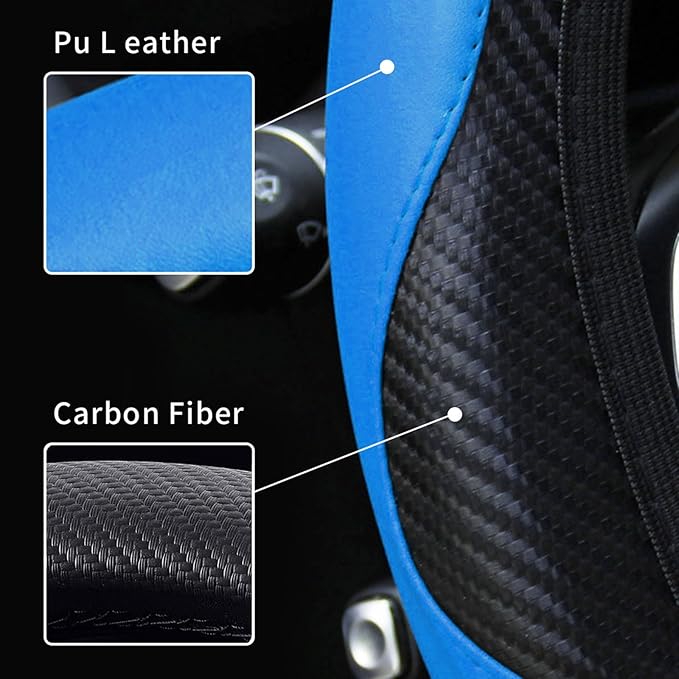 Car Steering Wheel Cover, 15 inch Carbon Fiber Microfiber PU Leather Elastic Steering Wheel Protector for Unisex, Anti-Slip Breathable Car Interior Accessories for Most Cars (Blue)