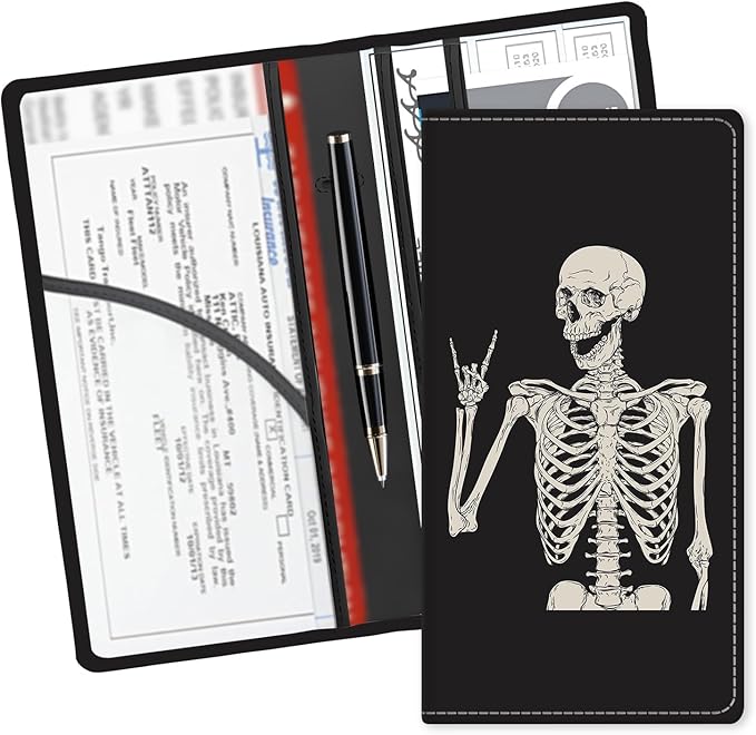 ADUQLZUX Leather Car Registration and Insurance Card Holder, Cute Car Accessories Vehicle Glove Box Car Organizer for Documents, Cards, License Funny Skull Pattern