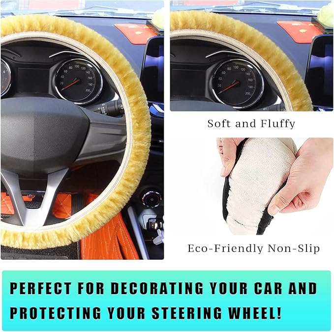 Ziciner Elastic Fuzzy Steering Wheel Cover, 15'' Soft Steering Wheel Protector for Warm Winter, Anti-Slip Fluffy Car Wheel Covers, Universal Car Interior Decor Accessories for Women Men (Beige)