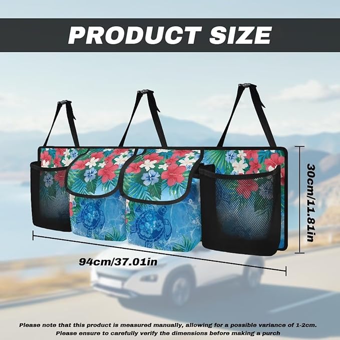 Dreaweet Hibiscus Flower Print Trunk Organizer for Car Women Collapsible Trunk Hanging Organizer Backseat Bag Blue Sea Turtle Car Storage Accessories with 2 Pockets & 2 Mesh Pouches for Groceries