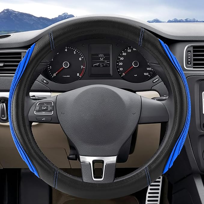 Blue Film Splicing Leather Steering Wheel Cover, Microfiber Leather, Anti-Slip, Breathable, Universal Fit for 14.5–15 in Steering Wheel Cover for Men Women