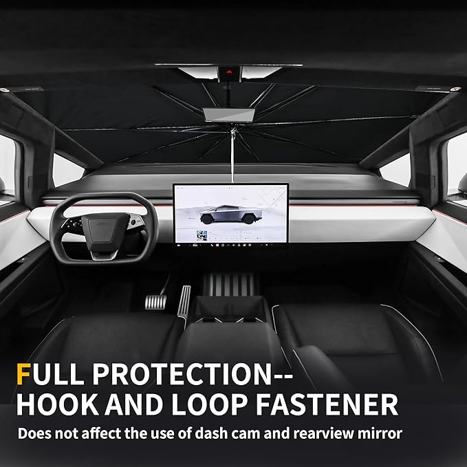 RERPRO Front Windshield Sunshade Umbrella Compatible with 2023 2024 2025 Tesla Cybertruck Window Sun Shade Interior Sun Protection Accessories, for Tesla Cyber Truck Foldable Sun Shield Cover