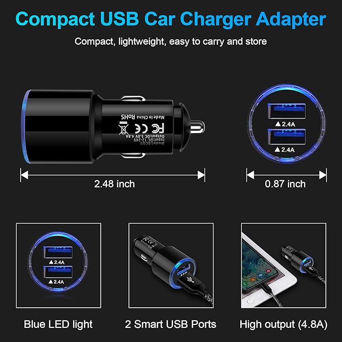 Car Charger Adapter, 5Pack 4.8A Dual Port Fast Charge Car Phone Charger USB Lighter Plug Cigarette Charger for iPhone 17 16e 16 15 14 13 12 11 Pro Max SE XR XS X 8 7 6,Samsung Galaxy S25 S24 S23 S22