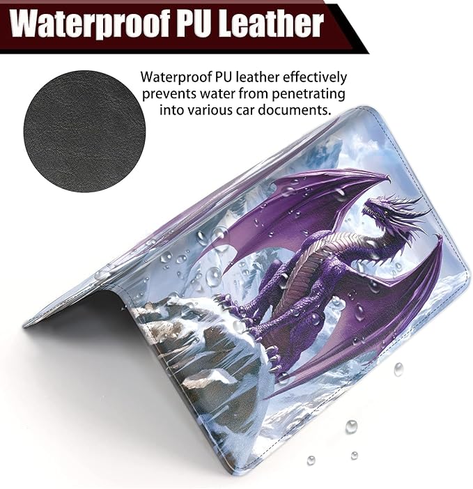 Car Document Holder with Magnetic Shut, Car Registration and Insurance Card Holder, Vehicle Glove Box Organizer Documents, Driver License, Auto Paperwork Organizer Wallet, Purple Dragon On Snowy Peak