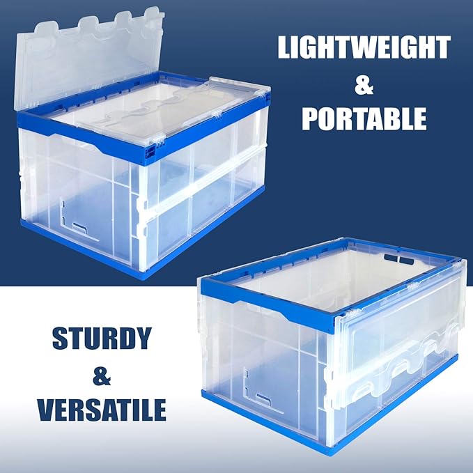 Mount-It! Folding Plastic Storage Crate, Collapsible Utility Distribution Container with Attached Lid, 23x15x13 Inches, 65L Liter Capacity, Clear (SET OF 3)
