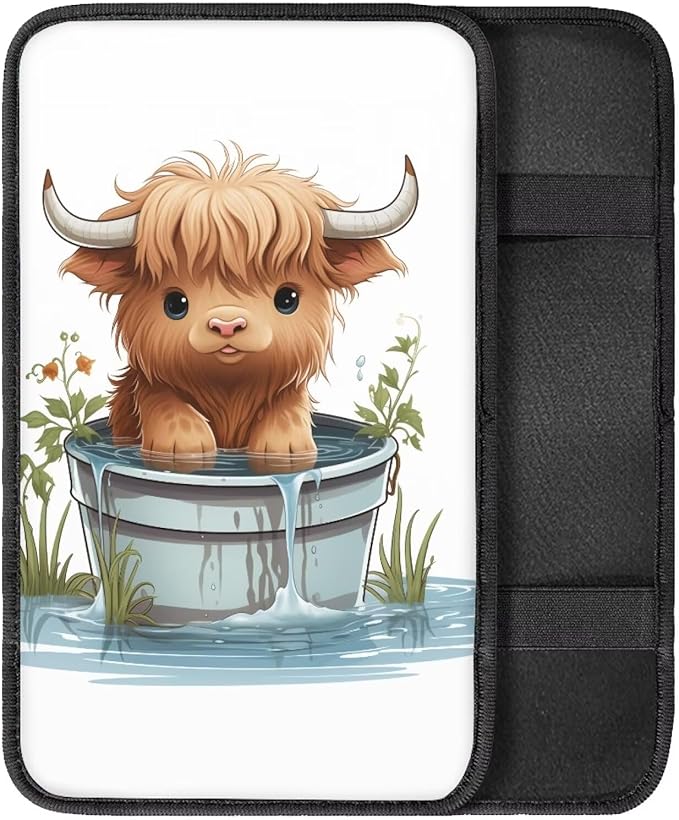 Cute Highland Cow Car Console Covers Armrest Console Cover Soft Car Center Console Cover Accessories Protect from Pet Claws Universal Cars Interior Accessories Decoration