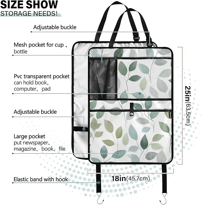 1 Pack Back Seat Car Organizer with Storage Pockets Kick Mats Back Seat Protector Hanging Car Organizer Automotive Seat Back Cover Organizers Fresh Green and Grey Leaves