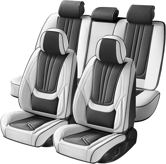 SCDOOCA Car Seat Covers Full Set White Black, Luxury Leather Car Seat Covers, Waterproof and Breathable Seat Covers, Universal Car Seat Protector Fit for Cars, Trucks, SUVs, Pick-ups (Full Set)