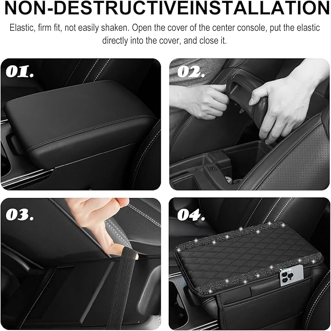 NBTEPEM Bling Car Center Console Cover, Leather Car Arm Rest Cover Cushion with 2 Storage Bags, Universal Automotive Armrest Protector Storage Box, Bling Accessories Interior for Most Vehicles (Black)