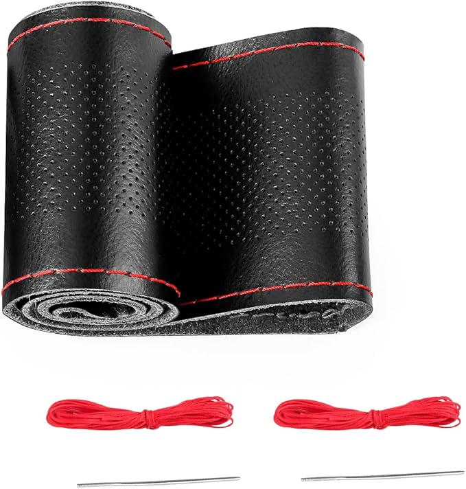BELINOUS Leather Car Steering Wheel Cover, Stitch On Wrap (Size M4, Black and Red)