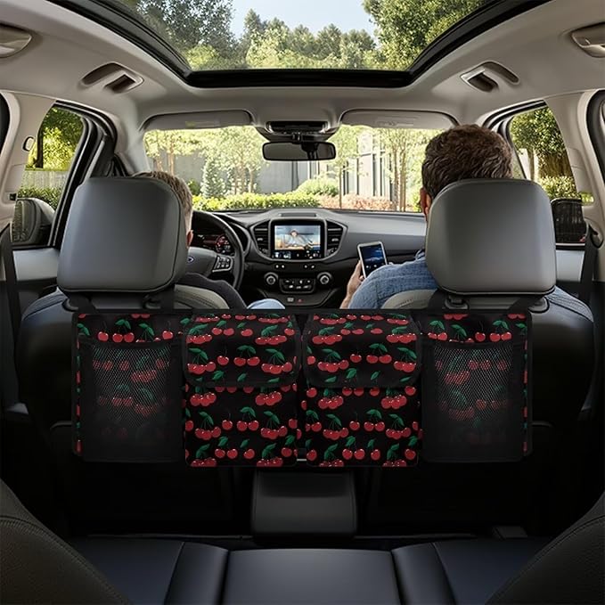 Cherry Car Trunk Organizer, Large Capacity Backseat Trunk Organizer with 4 Pocket, Backseat Hanging Car Storage Organizer Foldable Cargo Storage with Adjustable Straps Universal