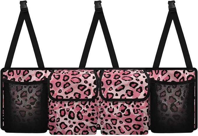 Pink Leopard Backseat Organizer Waterproof Trunk Organizers Hanging Interior Car Accessories ith 4 Pockets, Buckle Strapes Car Storage Bag for SUV Bus When Commuting