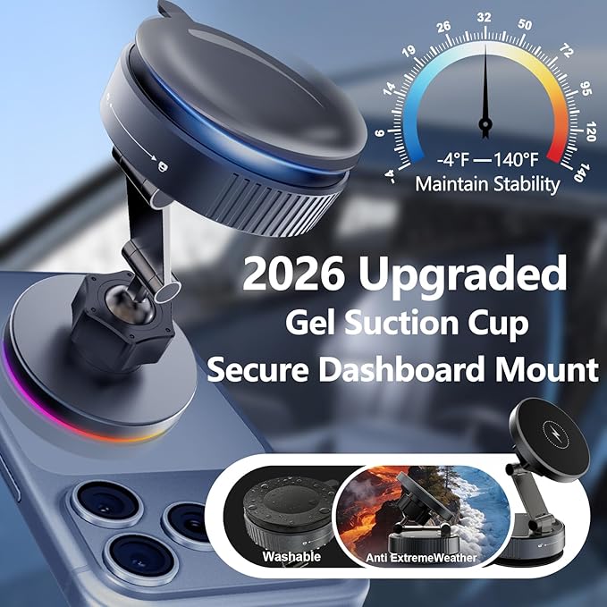Wireless Car Mount Charger for MagSafe [15W Faster Charging, 120+LBS Suction & 2800gf Strongest Magnetic, RGB Lighting] 360° Adjustable Vacuum Phone Holders for Your Car Charger for iPhone
