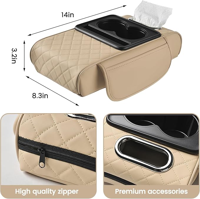 LEIWOOR Car Center Console Armrest Pillow, Booster Cushion with Cup Holder & Phone Holder Universal for Most Car Interior Accessories(Beige, Large)
