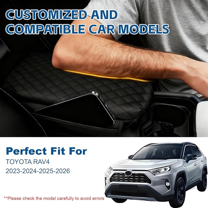 Thickened Armrest Cover Fit for Toyota RAV4 2019-2024 2025 2026 Center Console Cover Accessories, PU Leather Arm Rest Covers Lid Protector Seat Box Cushion Pad with Pockets Storage Bag