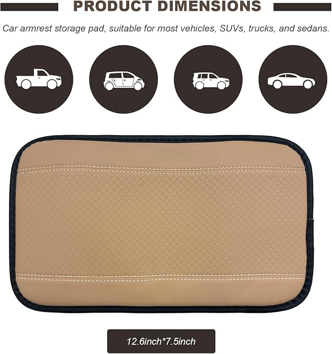 Car Armrest Storage Box Mat, Leather Embossing Auto Center Console Cushion Protective Pad, Anti-Scratch Waterproof Armrest Seat Box Protector for Most Cars Trucks SUVs (Beige)