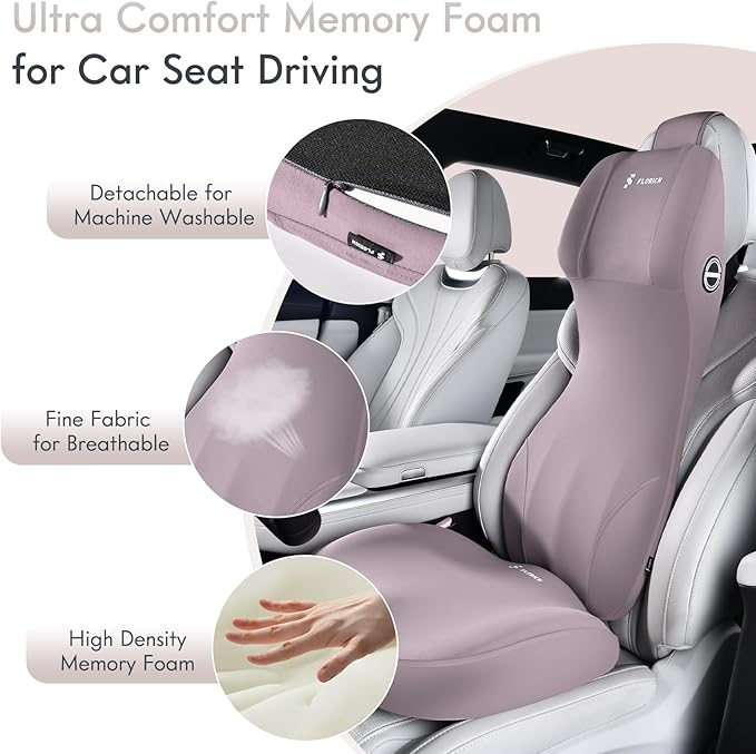 FLORICH Car Seat Cushion with Neck Pillow Lumbar Support Kit Memory Foam Seat Cushion for Car Ergonomic Back Support Headrest for Driving Car Seat Pillow Back Sciatica Tailbone Pain Relief, Gray