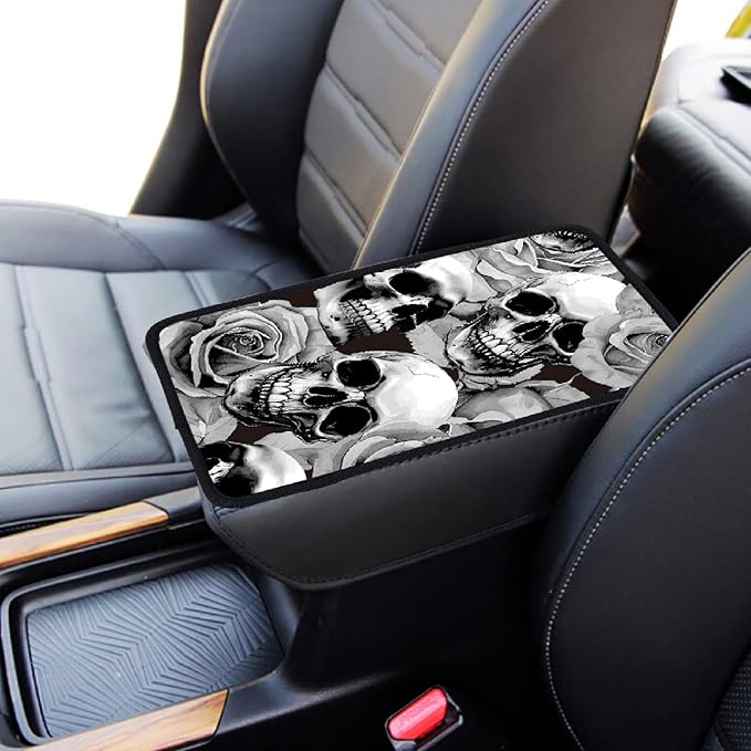 CREATCABIN Skull Auto Center Console Cover Car Armrest Pad Auto Armrest Storage Box Pad Soft Anti-Slip Lines Waterproof Car Accessories Interior with Elastic Band for Vehicle SUV Truck 12.6×7.5in