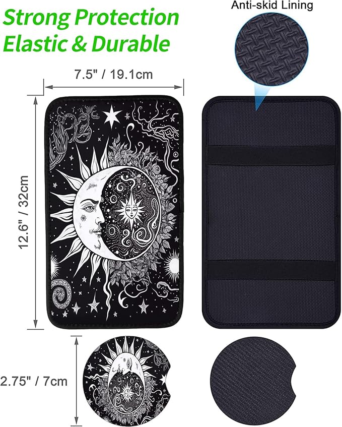JANENFNA Car Armrest Cover Pads Universal Fashion Cute Auto Center Console Armrest Cover Pad with 2PCS Car Coasters Soft Waterproof Car Armrest Seat Protector for Women,Black White Sun and Moon