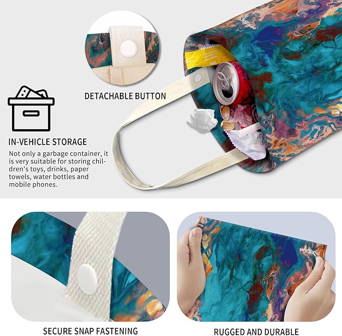 AXZOPDE Cute Car Trash Can, Hanging Canvas Car Back Seat Organizer and Storage Bag, Funny Car Trash Bag for Travelling, Outdoor Abstract Blue Orange Print