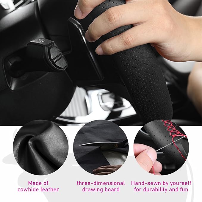 Ziciner Genuine Leather Steering Wheel Cover, Stitch on Wrap, Breathable Anti-Slip Car Steering Wheel Protector for Max Diameter 15 Inch, DIY Sewing with Needles Thread (Black, Hole)