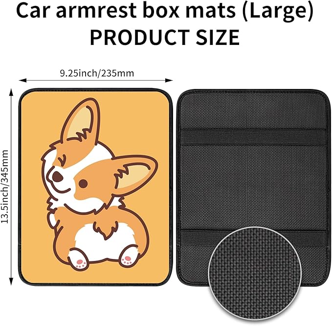 Car Center Console Cover, Universal Soft Large Neoprene Auto Armrest Seat Box Cover, Funny Car Decor Accessories Fit for Most Cars, Vehicles, SUVs Cute Yellow Corgi Dog