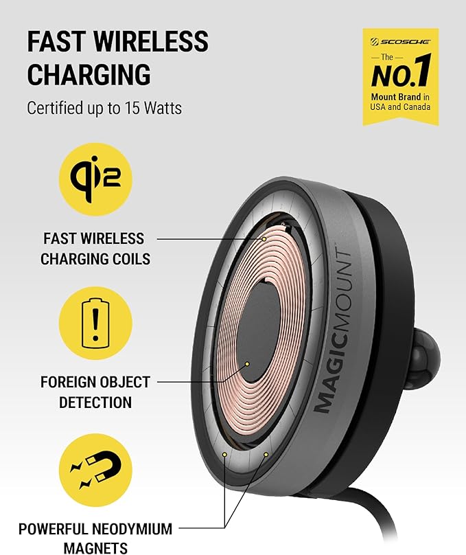 Scosche Qi2 MagSafe Car Mount Charger, 15W Wireless Magnetic Phone Holder for Car Dash, Vent & Tesla Display, Secure Grip, 4ft Cable, Fast Charging Compatible with MagSafe iPhone & Samsung Galaxy S25