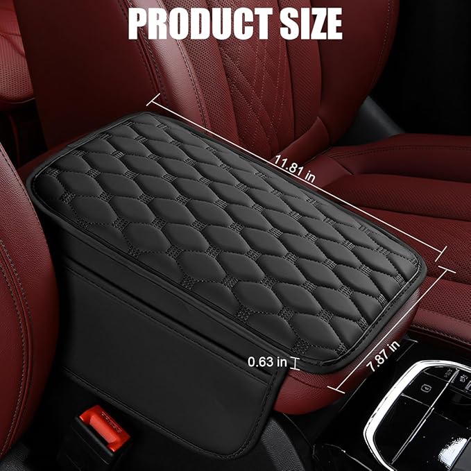 Car Center Console Cover, Leather Vehicle Armrest Cover Cushion with 2 Storage Bags, Automotive Interior Arm Rest Seat Box Pad Accessories, Universal for SUV Sedan Truck (Black)