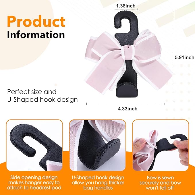 TISOHUGO Car Purse Hook, Cute Bow Hooks for Headrest - Leather U-Shaped Purse Holder for Car, Flexible Seat Back Organizer & Durable Vehicle Accessories for Bags, Coats & More (Black&Pink-2 Pack)