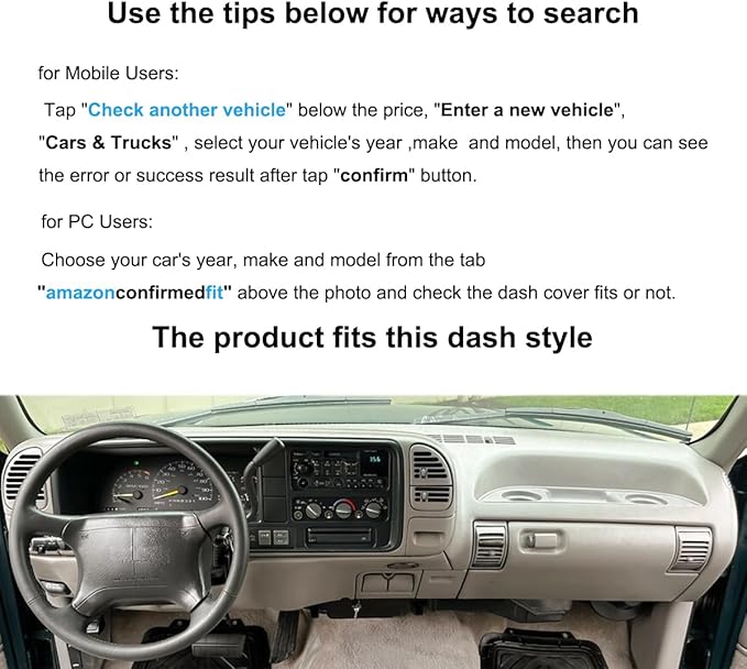 Dash Cover Mat Custom Fit for 1995-1996 Chevy Chevrolet Silverado C1500 C2500 C3500 K1500 K2500 K3500 Tahoe Suburban,GMC Sierra Yukon Suburban Pickup Truck,Dashboard Cover Pad Carpet (Dark Gray) J131