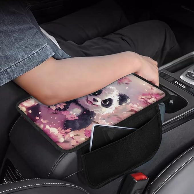 BIGCARJOB Cute Panda Armrest Cover wor Cars Pink Middle Console Cover Armrest Pad with Pocket Automotive Armrest Cover Cushion with Side Pockets,Universal Fit