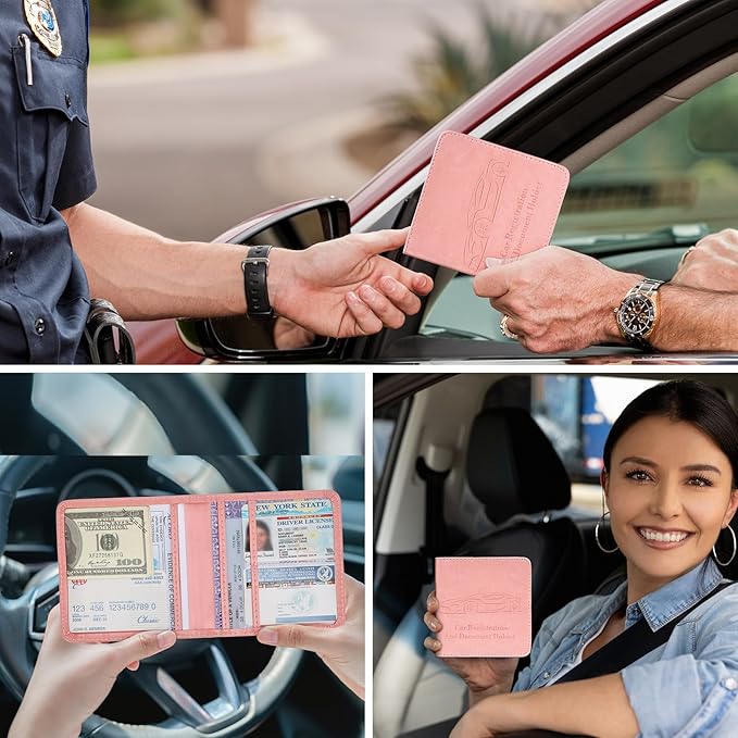 Registration and Insurance Card Holder, Vehicle Glove Box Car Organizer with Magnetic Closure, Interior Car Accessories for Documents, Cards, License Storage, 1-Pack Pink