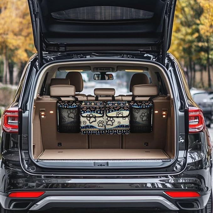 Dreaweet Aztec Car Trunk Organizer Storage Backseat Hanging Organizer Bag Dog Paw Print Car Storage Accessories Waterproof Collapsible Trunk Organizer for SUV Trucks Sedan Van