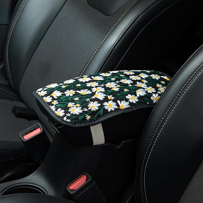 Embroidered Flowers Black Cute Daisy Car Armrest Storage Box Mat,Embroidered Car Center Console Cover, Car Armrest Seat Box Cover Accessories Interior Protection for Most Vehicle, SUV, Truck, Car