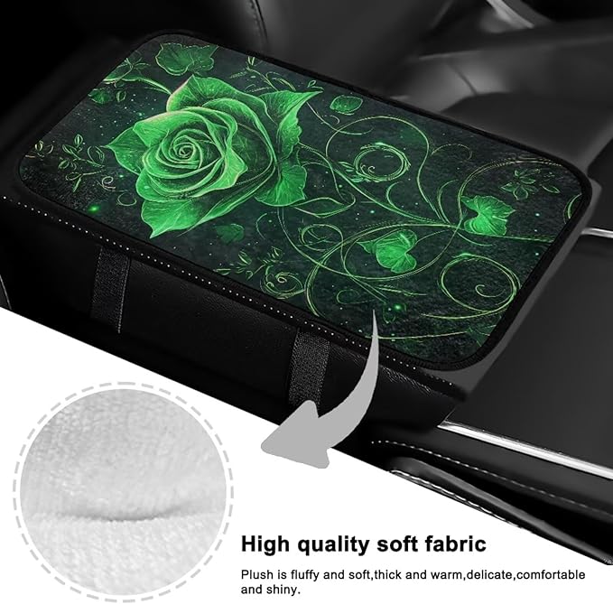 Bulopur Green Rose Car Center Console Cover Thickened Arm Rest Cover Car Flannel Easy to Install Car Interior Automotive Universal Size Fit for Most Cars SUVs Trucks Vans