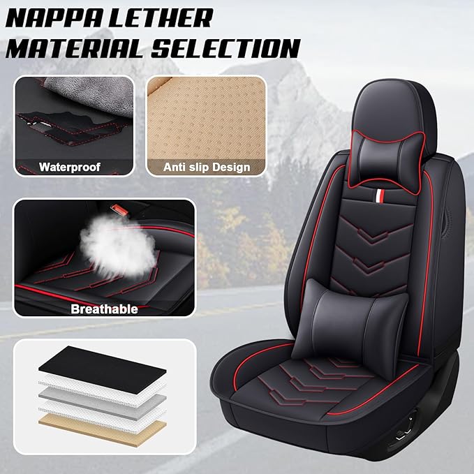 MVRVMV for Ford F-350 2010-2026 Seat Covers, Waterproof Leather Seat Cover with 2* Neck Pillow and 2* Lumbar Support (5 Seat Luxury,Black-Red)
