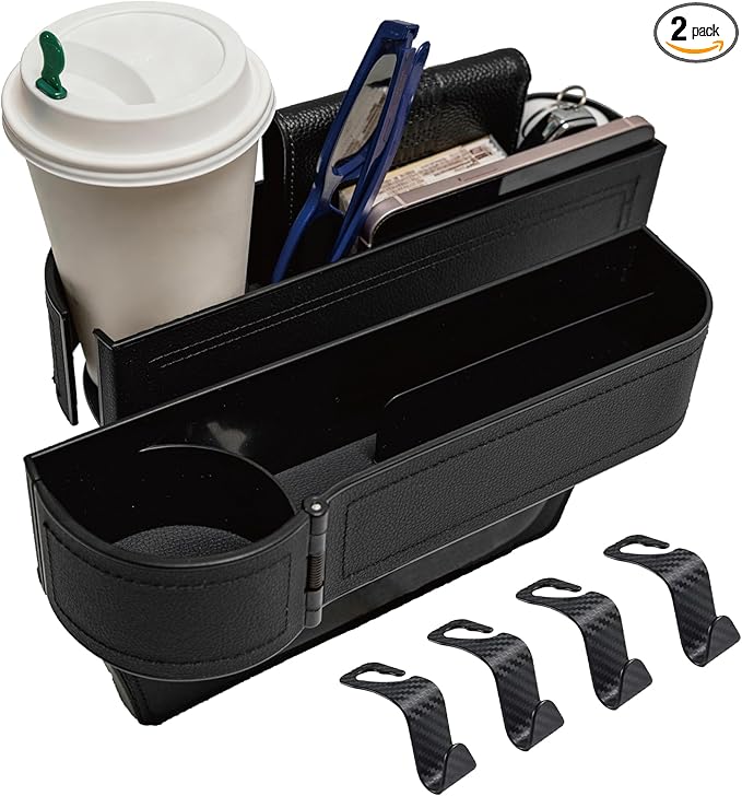 LELOYMO Car Seat Gap Filler Organizer,2 Pack Car Leather Cup Holder Gap Bag,Car Seat Storage Box with Cup Holder Expander,Car Organizer Front Seat for Holding Phone, Glasses, Keys, Cards (Black)
