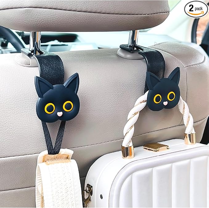 Car Seat Headrest Hooks,2 Pack Black Cute Cartoon Cat Hook 360° Rotation Heavy Duty Car Purse Hook Hanger for Bags, Coats, Umbrellas, Groceries, Universal Vehicle Fit