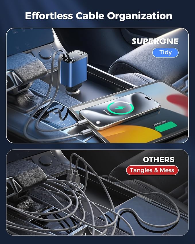 [2024 Upgraded] 4 in 1 Retractable Car Charger, SUPERONE Smaller Fast Car Phone Charger 69W with Cord, USB C and iPhone Car Charger Adapter, Compatible iPhone 17/17 Pro Max/16/15/14/13, Sumsung
