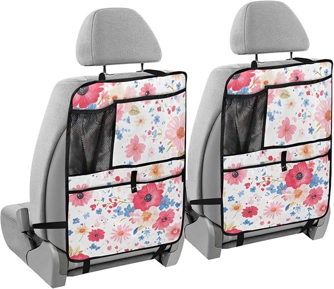 JIPONI Car Backseat Organizer, Color Red Flower Automotive Back Seat Protector, Kick Mats with Storage Pockets for Kids Pets, Road Trip Accessories