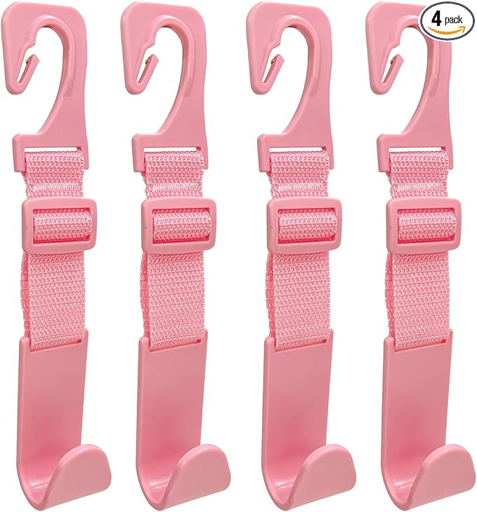 4PCS Car Seat Headrest Hook, Adjustable Vehicle Backseat Hanger Storage Organizer, Universal Seat Back Holder Hooks for Purse Coat Grocery Bag, Car Accessories (Pink)